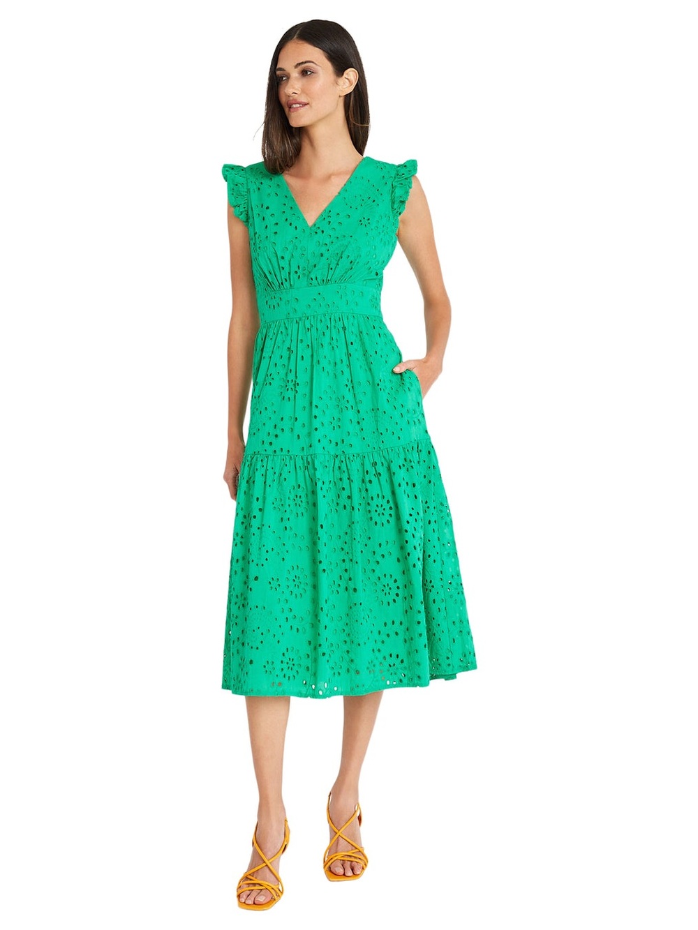 Maggy London Eyelet Midi Dress Green Deep Mint Cotton Ruffle Sleeve Party 12